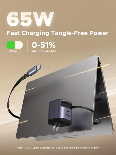 Vista 2 de UGREEN Nexode - Cargador retráctil USB C de 65 W GaN con cable integrado, adaptador de pared de carga rápida de 2 puertos para iPhone 17/16/15