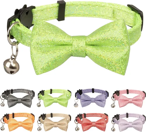 Vista 8 de Collar de gato con pajarita brillante para gatos, campanilla, fiesta, boda, fiesta, brillante, 7-11 pulgadas, niña, niño, mascota, color liso