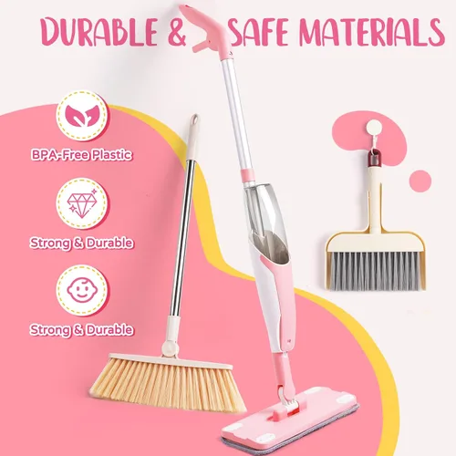 Vista 5 de Juego de juguetes de limpieza para niños, mini trapeador de aerosol rosa, juguetes Montessori, herramienta de limpieza para niños pequeños