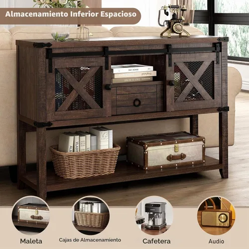 Vista 5 de Hlivelood Mesa de Entrada Estilo Granja con 2 Puertas Corredizas de Granero y Cajón, Mesa Consola Rústica de 46'' con Almacenamiento, Espacio