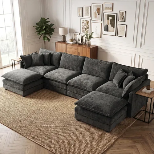 Vista 56 de Sofá individual modular de chenilla con otomana, sofá nube con almohada, color beige