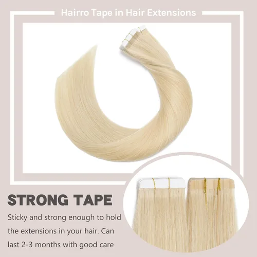 Vista 4 de Hairro Extensiones de cabello humano Remy con cinta adhesiva de doble cara de 18 pulgadas, 20 unidades, 1.06 oz, color rubio decolorado #613, sin