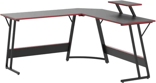 Vista 5 de Escritorio para juegos en forma de L con gran escritorio y espacio de almacenamiento, ideal para estudiar, trabajar y jugar, patas ajustables e Negro