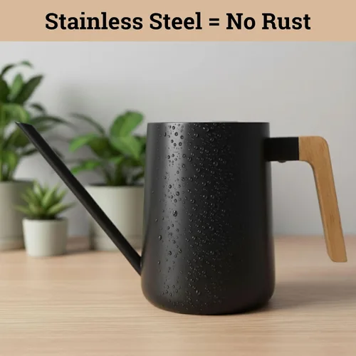Vista 3 de Regadera pequeña de metal de 35 onzas para interior con boquilla larga y mango de madera real para plantas de casa, suculentas, cactus y plántulas