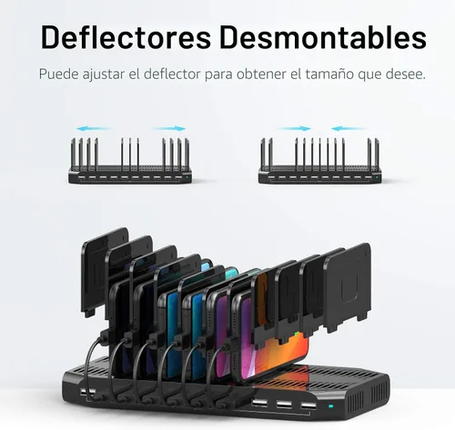 Vista 6 de Unitek - Estación de carga USB, estación de acoplamiento de carga rápida de 10 puertos USB y divisores ajustables, organizador de cargador
