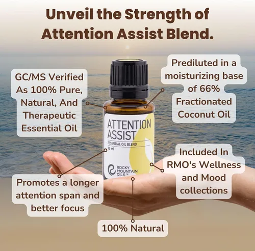 Vista 2 de Rocky Mountain Oils Attention Assist - Mezcla de aceites esenciales con aceites esenciales, aceite esencial energizante para la concentración, 0.5
