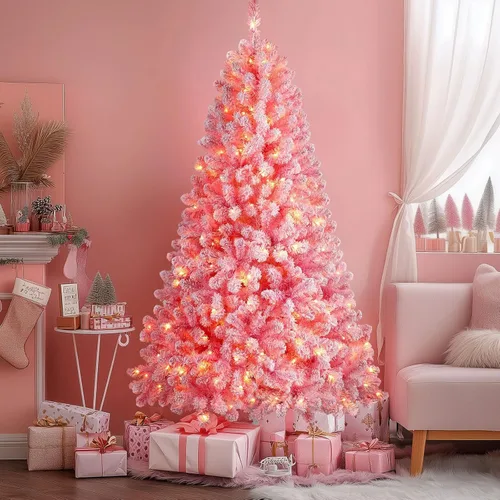 Vista 8 de SHareconn - Árbol de Navidad artificial preiluminado de abeto nevado de 6 pies, color rosa
