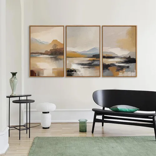 Vista 5 de Tinonedraw Arte de Pared en Lienzo Enmarcado de Paisaje de Montaña Beige, Decoración de Pared Moderna Abstracta de Mediados de Siglo, Arte de Lago