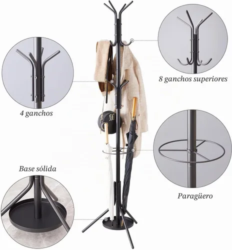 Vista 7 de Kitsanery Perchero independiente, árbol de metal con soporte para paraguas, sombrero y perchero para entrada, pasillo, sala de estar, dormitorio