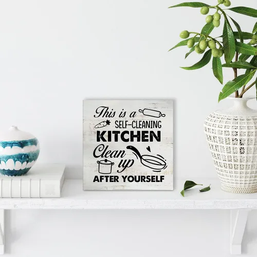 Vista 4 de Cartel rústico con texto en inglés «This is a Self-Cleaner» para caja de madera de cocina con texto en inglés «This is a Self-Cleaner»