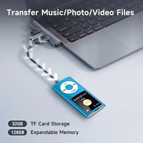 Vista 5 de Reproductor de MP3 con Bluetooth 5.2, reproductor de música portátil con tarjeta de memoria de 32 GB, auriculares estéreo, grabadora de voz, video