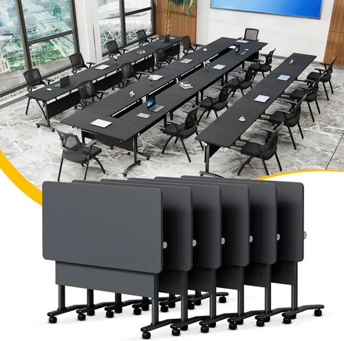 Vista 13 de Mesa de conferencias plegable con ruedas, mesa modular para sala de conferencias con 2 ojales para cables, mesas móviles de sala de reuniones