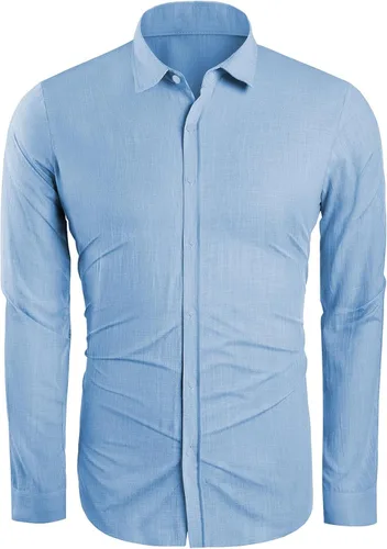 Vista 6 de Camisa de lino y algodón con botones para hombre, casual, manga larga, cuello extendido, ligera, para la playa