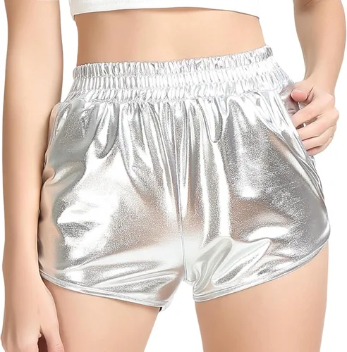 Vista 4 de Mirawise Pantalones cortos metálicos brillantes para niñas, trajes de baile brillantes, Metálico