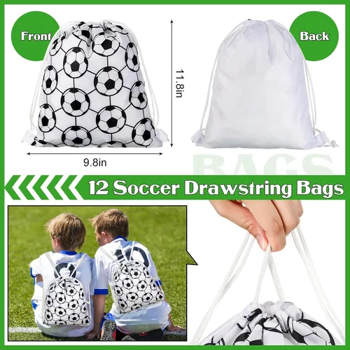 Vista 3 de 48 piezas de suministros de fiesta de fútbol, 12 pulseras de silicona de fútbol, 12 bolsas de regalo con cordón de fútbol, 12 mini pelotas de estrés
