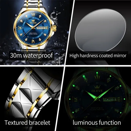 Vista 5 de OLEVS Reloj de cuarzo para parejas, calendario luminoso, fecha, negocios, formal, de lujo, para hombres y mujeres, impermeable, casual, acero