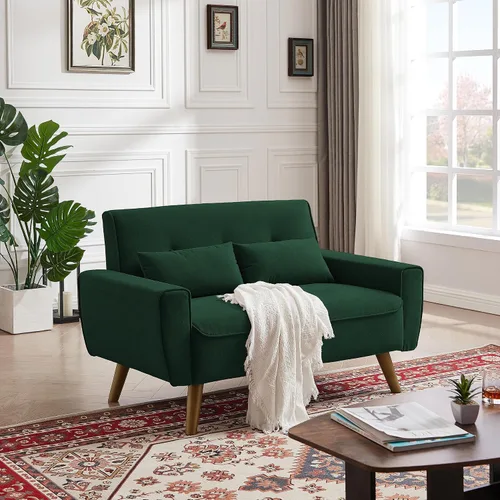 Vista 7 de Sofá de dos plazas con dos cojines, sofá de estilo moderno de mediados de siglo para sala de estar, tela de lino, 48" (verde)