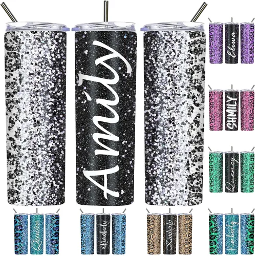 Vista 9 de Vasos personalizados con estampado de leopardo con tapas y pajitas, vasos delgados personalizados de 20 onzas con nombres para mujeres y hombres