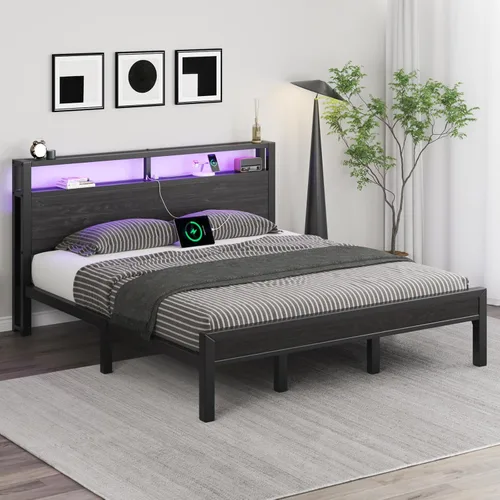 Vista 36 de LOEWAY Base de cama tamaño Queen con cabecero de almacenamiento y luces LED, color gris