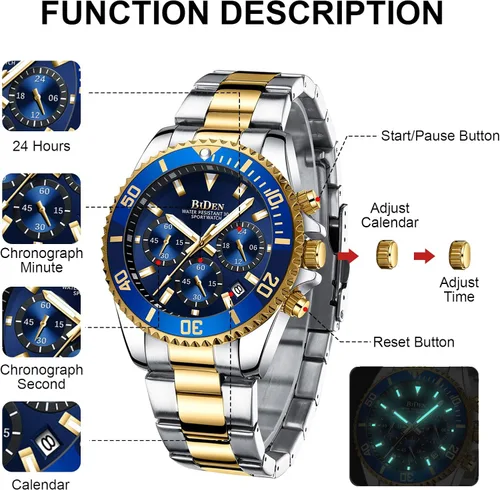 Vista 6 de BIDEN Relojes para hombre, cronógrafo, acero inoxidable, impermeable, fecha, analógico, de cuarzo, relojes de pulsera para hombres