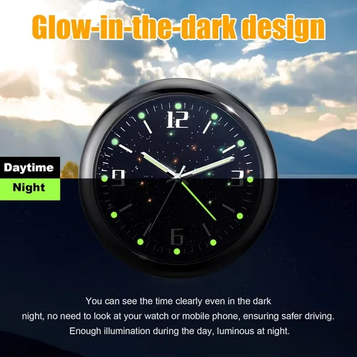 Vista 3 de Dickno 2 piezas de reloj de tablero adhesivo para automóvil, mini relojes de ventilación de cuarzo analógico luminoso, relojes de ventilación
