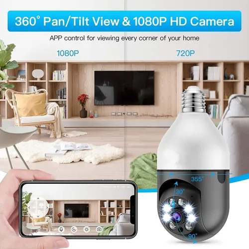 Vista 8 de Cámara de bombilla, cámaras de seguridad para el hogar 5G, cámara PTZ WiFi con conector de bombilla E27, audio bidireccional