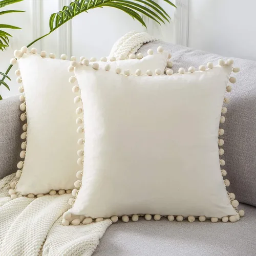 Vista 17 de Top Finel juego de 2 fundas decorativas con pompones para almohada euro, de terciopelo suave, lisas, para sofá, dormitorio o automóvil, 26 x 26 Rosa