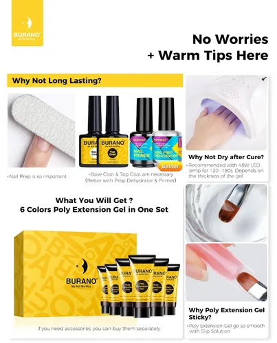 Vista 8 de BURANO - Kit de uñas de gel con extensión de poliacrilato, set de gel constructor de uñas de poliacrilato de 6 colores para principiantes