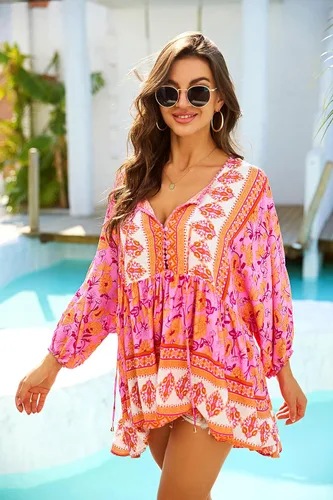Vista 7 de Blusa bohemia con cuello en V y mangas 34 para mujer, ajuste relajado, blusa con estampado casual