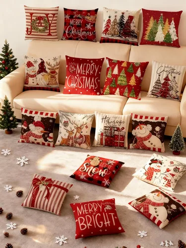 Vista 2 de Juego de 16 fundas de almohada de Navidad de 45 x 45 cm, fundas de almohada para sofá, cama, fundas de cojín decorativas de Navidad para decoración