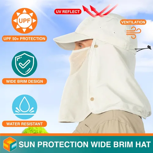Vista 3 de SUN CUBE Sombrero de sol de pesca con solapa para el cuello y cubierta facial, UPF50+ gorra de protección UV de ala ancha para hombres y mujeres