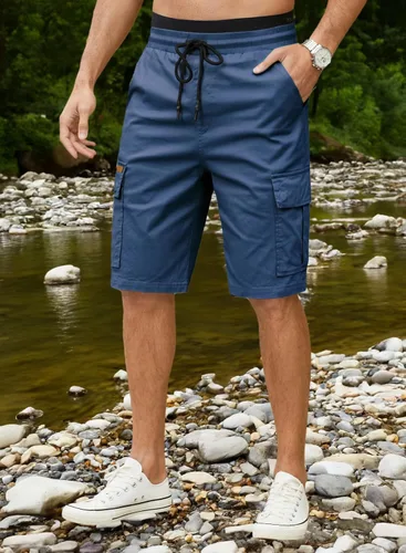 Vista 4 de JMIERR Pantalones cortos de sarga para hombre con cordón de algodón clásico elástico con 6 bolsillos
