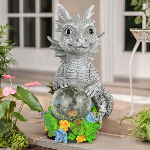 Vista 7 de Estatuas solares de jardín al aire libre, dragón sosteniendo orbe mágico con luces LED solares, decoración de césped al aire libre para patio
