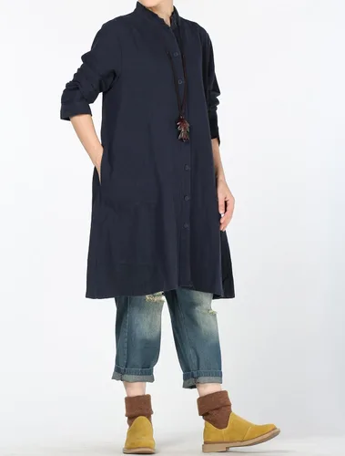 Vista 4 de Mordenmiss campera abotonada de algodón y lino con bolsillos para mujer