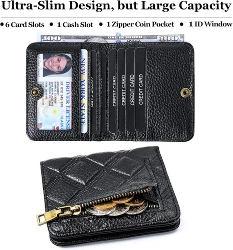 Vista 2 de Billetera para mujer, con bloqueo RFID, pequeña, compacta, plegable, de piel auténtica, con bolsillo, mini carteras para mujeres