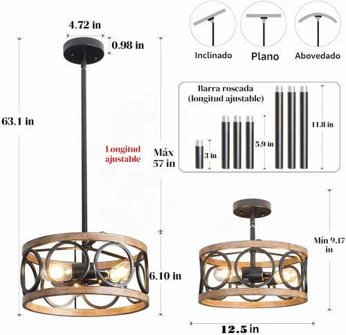 Vista 4 de Lámpara de techo semi empotrada, lámpara de techo de 3 luces estilo granja moderna, lámpara de techo vintage cerca del techo para cocina, pasillo
