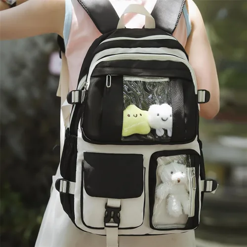 Vista 3 de HORHREAR - Mochila kawaii de 5 piezas para la escuela, bonita mochila transparente preparada con colgante estético para niñas y niños, bolsa primaria