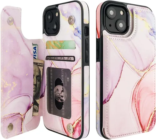Vista 24 de HAOPINSH Funda tipo cartera con tarjetero para iPhone 14/13, diseño de Girasoles Bandera Americana