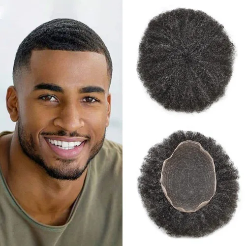 Vista 11 de Afro Toupee Hair Piece para hombres negros Encaje suizo completo Afro Hombres Toupee cabello humano rizado hombres onda unidades de cabello
