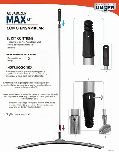 Vista 2 de Unger Kit profesional AquaDozer Max, espátula curvada de superficie lisa de 36 pulgadas y poste de doble extremo de 48 pulgadas, limpiador de hoja
