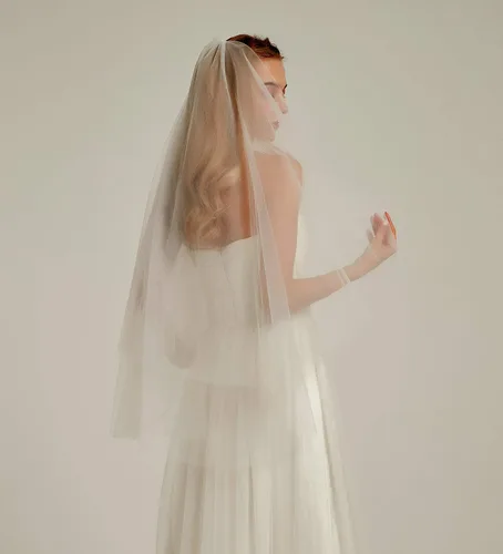 Vista 3 de Velo de novia de tul de doble capa, 2 niveles, transparente, con peine