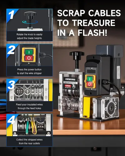 Vista 7 de CREWORKS Máquina peladora automática de cables con motor de 180 W, máquina peladora de cables eléctricos de 5 cuchillas para alambre de chatarra
