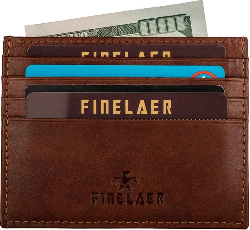Vista 5 de FINELAER Carteras delgadas de cuero con bolsillo frontal para hombre Coñac Minimalista