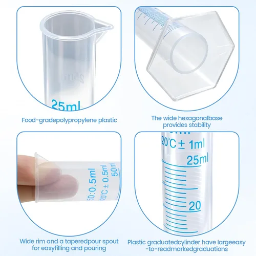 Vista 3 de Geesatis Cilindros de medición de plástico transparente de 0.8 fl oz para prueba de laboratorio graduada, 10