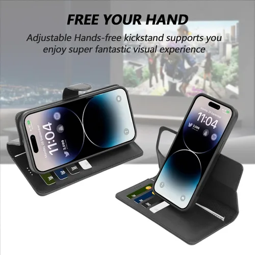 Vista 5 de Funda de piel sintética 2 en 1 para iPhone 13 PRO MAX, funda de piel sintética desmontable con soporte para tarjetas, funda extraíble con bloqueo