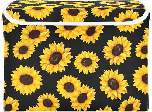 Vista 2 de Large Collapsible Storage Bins with Lids, Sunflower Black Storage Baskets Organizer Containers with Handles for Clothes