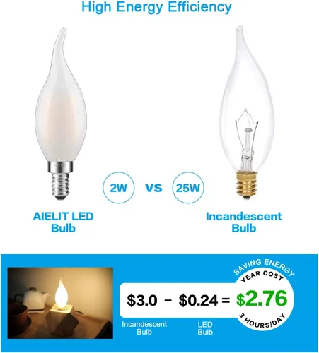 Vista 6 de Bombilla LED E12 esmerilada, 2 vatios (equivalente a 25 W), suave y cálida de 2700 K, bombillas LED con punta de llama CA10 regulables para Ca10