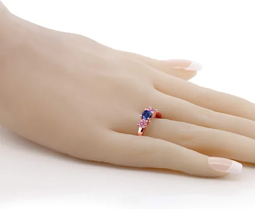 Vista 4 de Gem Stone King 1.10 Ct Blue Created Sapphire Pink Lab cultivado diamante de 18 quilates chapado en oro rosa anillo de plata