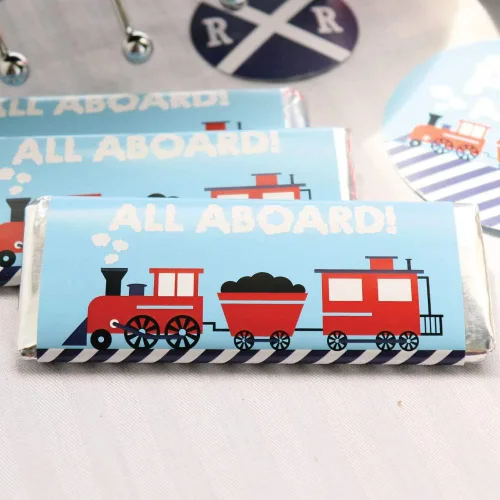 Vista 3 de Big Dot of Happiness - Cruce de fiesta de ferrocarril - Envoltura de barra de caramelo, tren de vapor, fiesta de cumpleaños o baby shower, juego