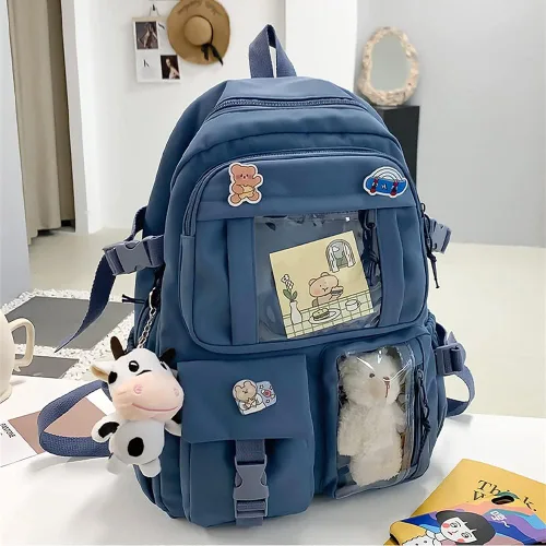Vista 4 de Mochila Kawaii preciosa mochila pastel para niñas adolescentes, bonita mochila estética para la escuela con pin kawaii y accesorios, Azul 02, 43 *